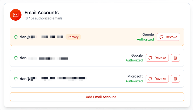 Multi-inbox interface showing connected Gmail and Outlook accounts